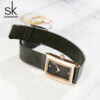 луксозен златист дамски часовник SHENGKE черна метална каишка правоъгълен издължена форма