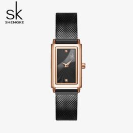 моден дизайнерски луксозен златист дамски часовник SHENGKE черна метална каишка