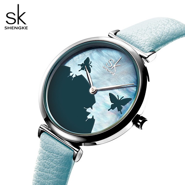 дамски часовник елегантен SHENGKE пеперуди слюда син бял butterfly